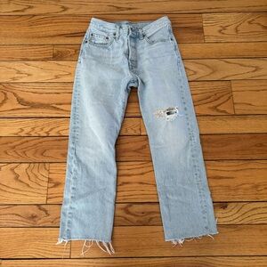 Levi’s 501 Sz28x30 150th anniversary light washed Distressed patchwork free hem